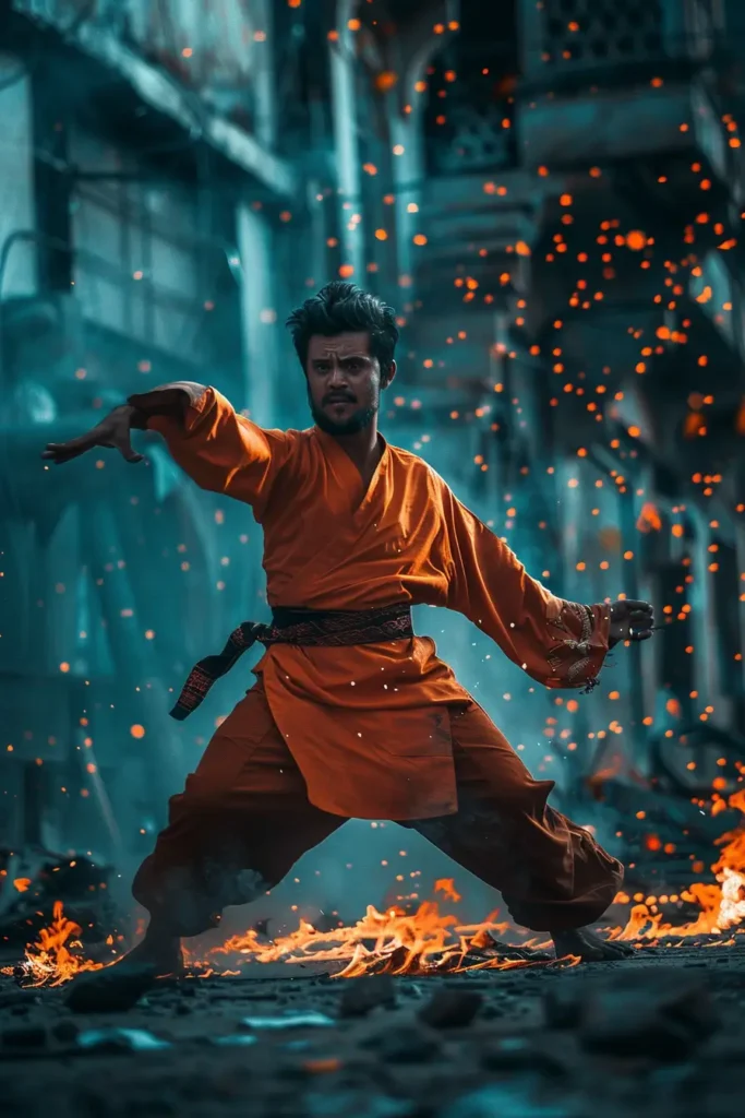 iptv poster about a man in an orange robe standing on fire