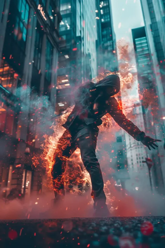 IPTV Portugal Poster about a person in a black hoodie and a black jacket with fire in the background
